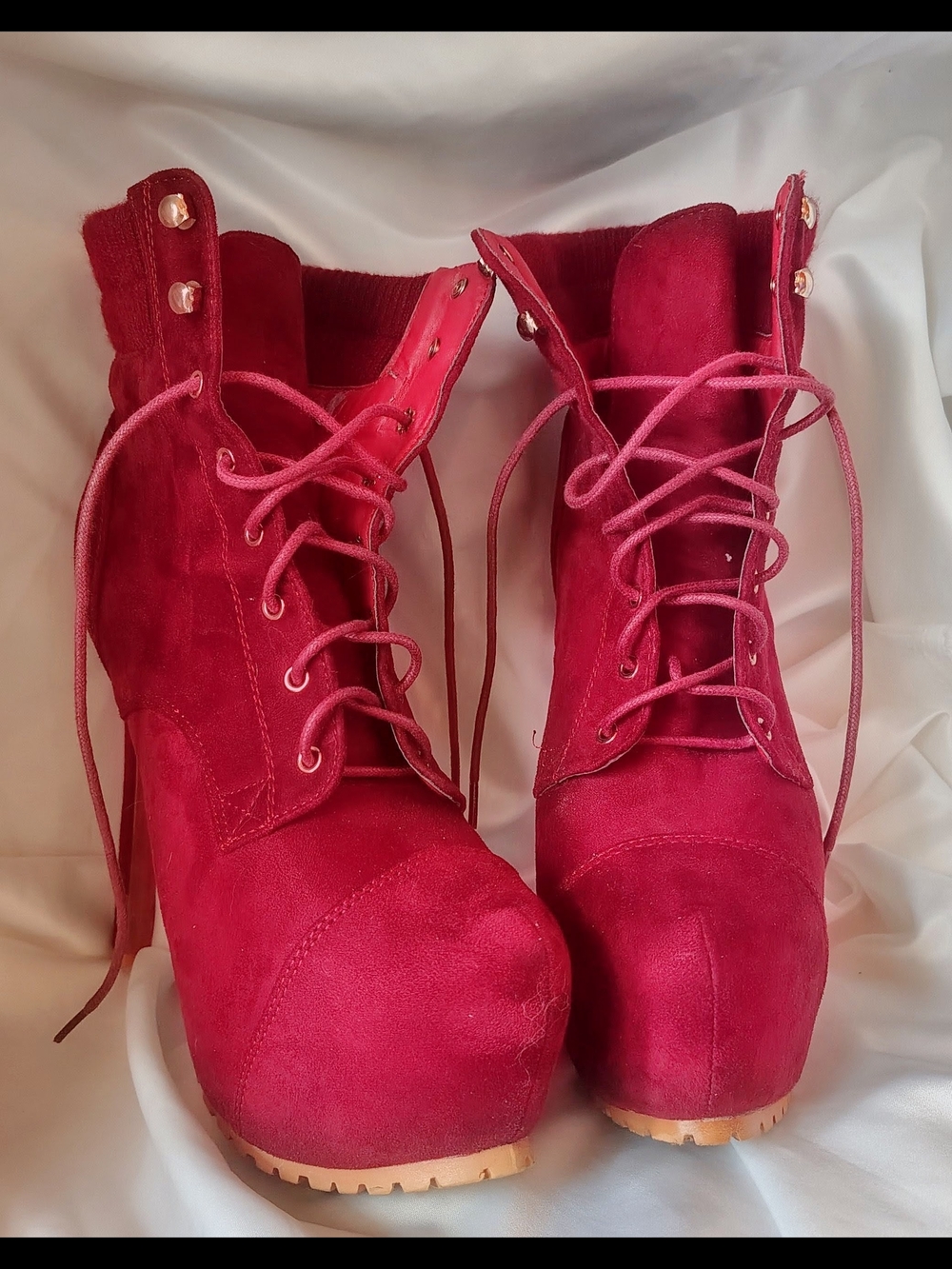 Bella Marie Red Suede Lace-Up Ankle Booties with Gold Accents